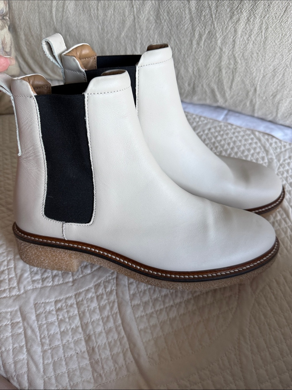 Everlane Cream Leather Chelsea Booties with Black Elastic Sides